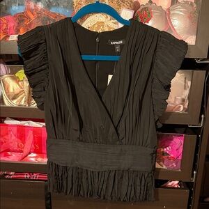 Express Black Pleated V-Neck Blouse